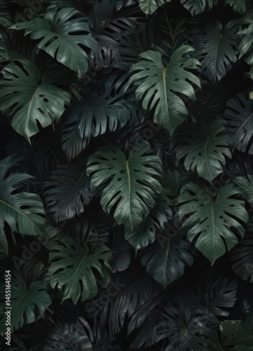 Dark, lush tropical leaves overlap, creating a textured, elegant pattern , shadow, image