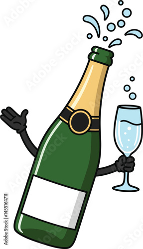 Champagne bottle cartoon character holding glass with bubbly liquid and popping cork vector illustration 
