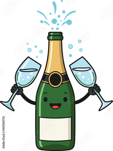 Sparkling champagne bottle with two clinking glasses celebration vector illustration cheerful festive scene