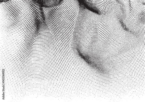 A close-up reveals a textured face composed of numerous small dark dots creating an abstract portrait.