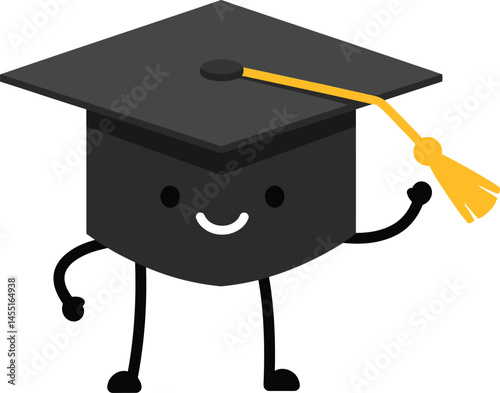 Graduation cap with smiling face and yellow tassel cartoon character celebrating achievement and success in education vector illustration 