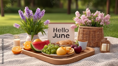 Hello june picnic setup with fruits and flowers on a sunny day