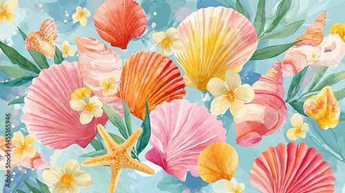   Watercolor art of flowers and seashells featuring a starfish at their base