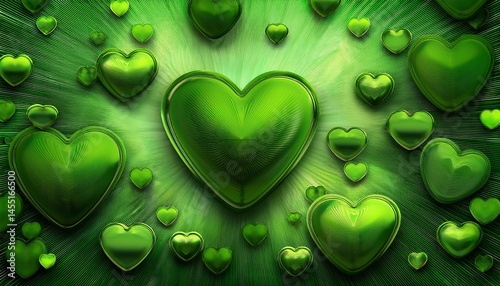 abstract green background with many hearts