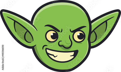 Green goblin face cartoon vector illustration with mischievous expression and pointed ears