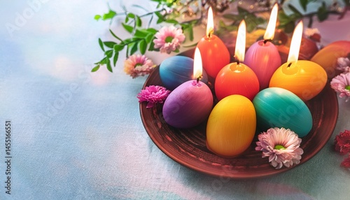 easter background burning candles in shape of colorful eggs and flowers in plate on table festive spring seasonal composition table decor for easter holiday nowruz ostara sabbat