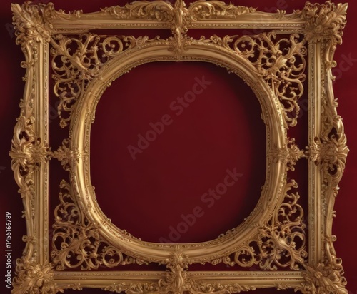 Intricate gold scrollwork frame on deep crimson velvet , gilded, royal, detail