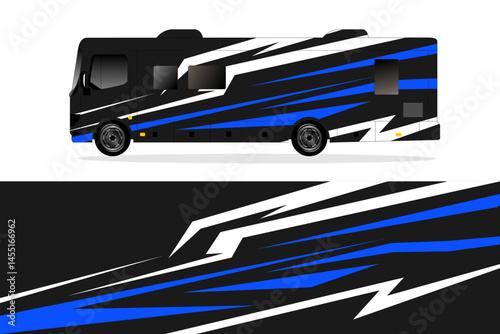 Stylish black and blue RV design with dynamic stripes