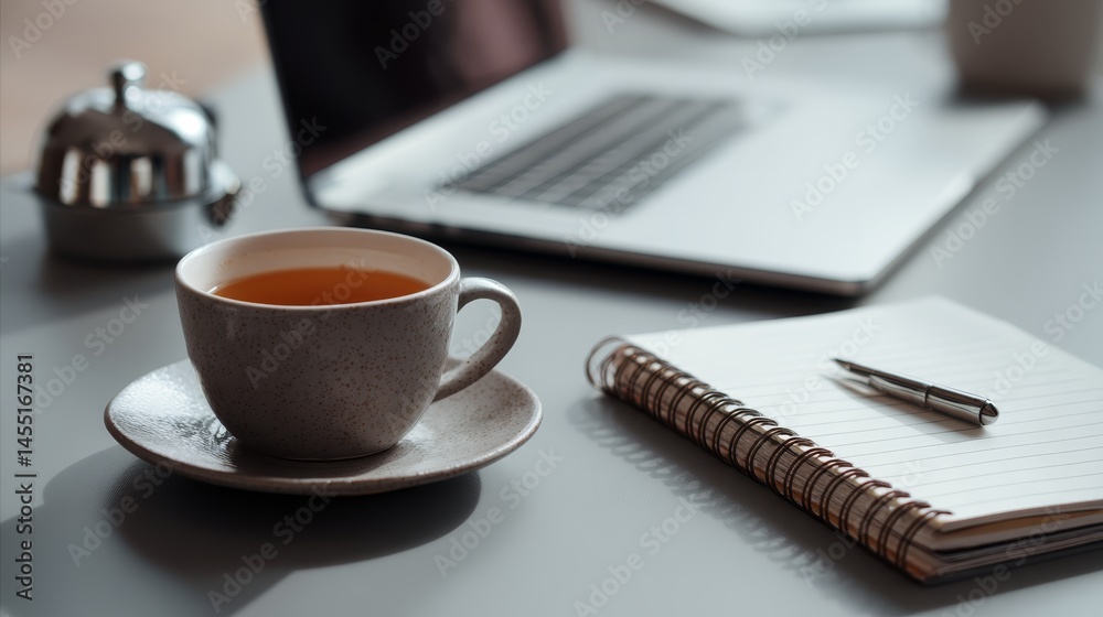 Workspace with coffee cup, notebook, pen, and laptop on desk Workspace with coffee cup, notebook, pen, and laptop on desk