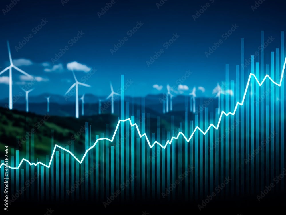 Naklejka premium Rising graph with wind turbines and mountains in the background depicting growth and sustainability