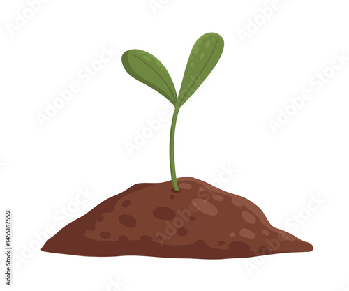 Seedling growing in soil. Green sprout with green leaves, small gardening plant flat vector illustration. Organic gardening plant on white background