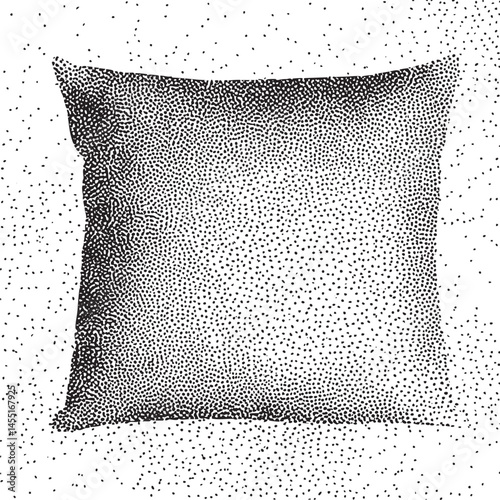 A stark black square pillow is densely covered in small dark dots.