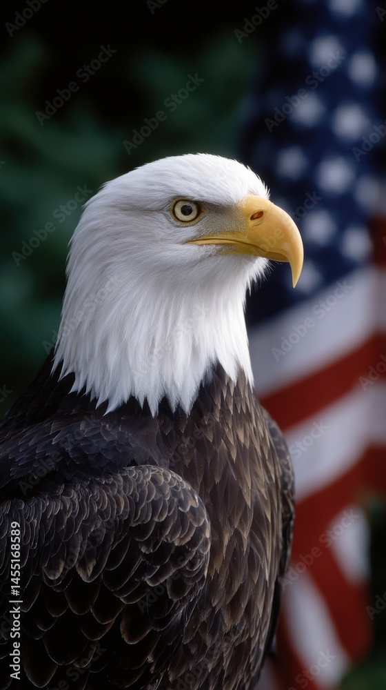 Fototapeta premium Magnificent bald eagle portrait featuring the head, feathers, and beak against blurred cultural flag backdrop