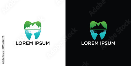 vector logo design for dentist or dental company with sea mountains - lake hills vector