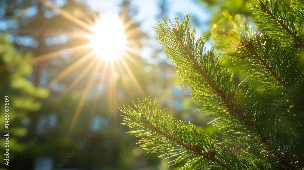 Obraz premium Sunlight filtering through pine tree branches in a lush forest setting