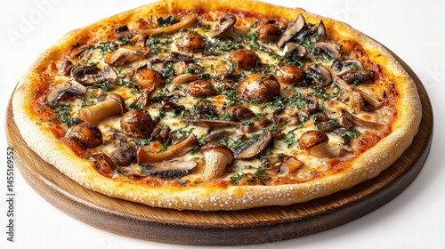 Delicious freshly baked mushroom and spinach pizza with melted cheese and crispy crust served on wooden tray isolated on white background