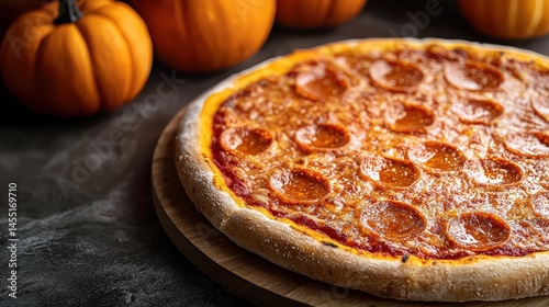 Freshly baked pepperoni pizza with melted cheese and crispy crust on a wooden board surrounded by small pumpkins for autumn dinner or Halloween celebration