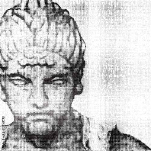A grayscale bust of a male figure with thoughtful expression gazes serenely.