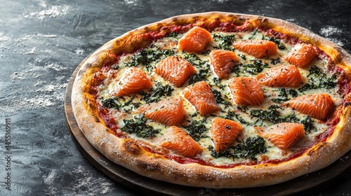Delicious freshly baked salmon pizza with creamy cheese spinach and crispy crust served on dark textured background perfect for food lovers