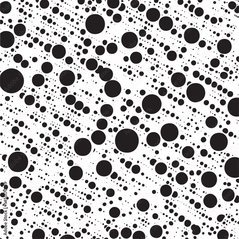 Fototapeta premium Numerous black circles create a dynamic flowing across a white background.