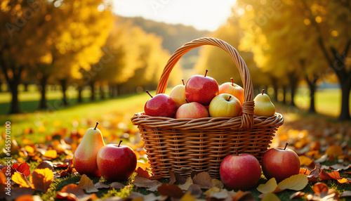 Fresh apples in a basket during autumn season in nature  