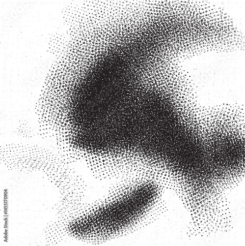 A dense textured sphere of small black dots contrasts against a white background.