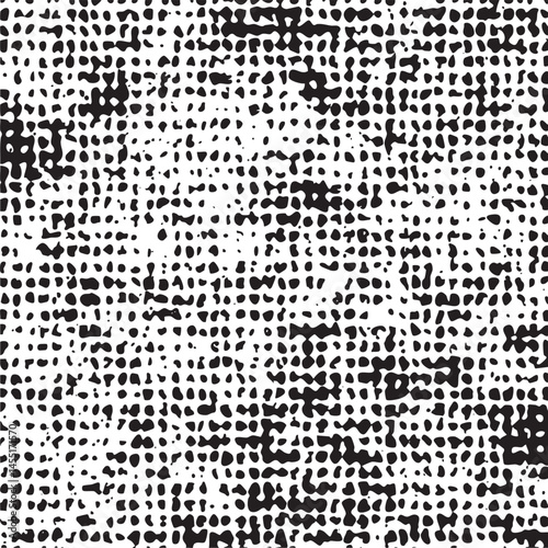 A dense black-and-white of irregular dots creates a textured surface.