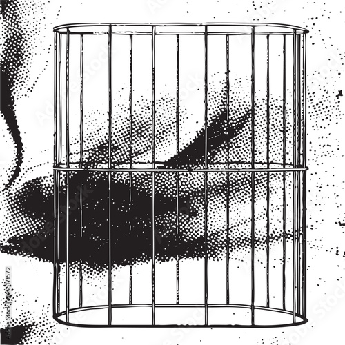 A tall cylindrical wire cage stands isolated against a textured background.