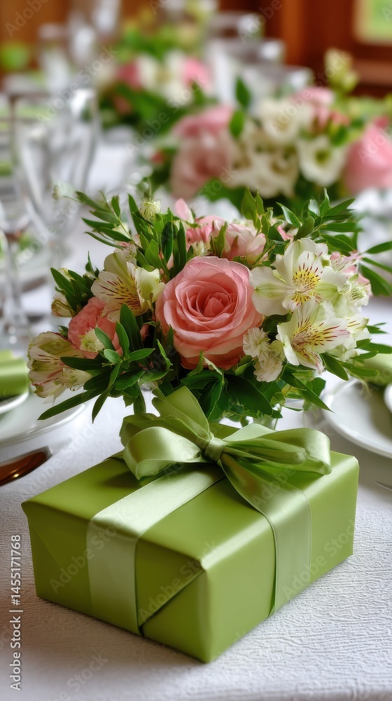 Table centerpiece with pink roses and a green gift box for a special occasion or celebration, with glassware and tableware. Table centerpiece with pink roses and a green gift box for a special occasion or celebration, with glassware and tableware.