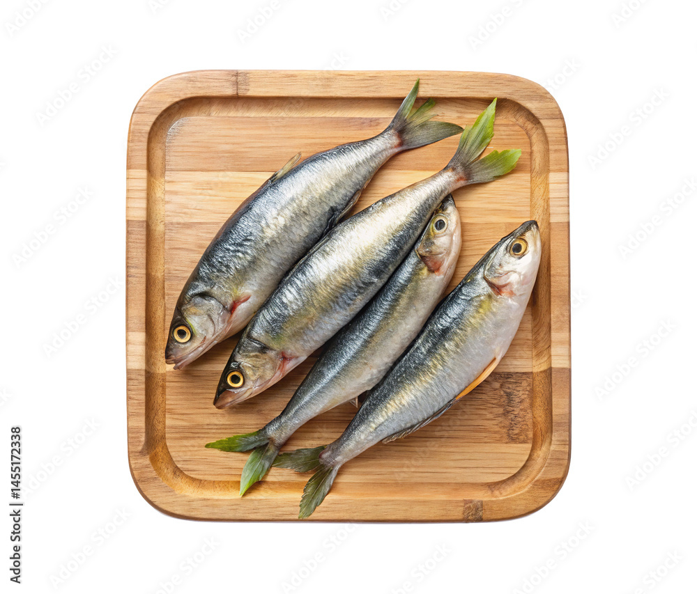 Four Fresh Raw Fish on Wooden Cutting Board Ready for Cooking Preparation Four Fresh Raw Fish on Wooden Cutting Board Ready for Cooking Preparation