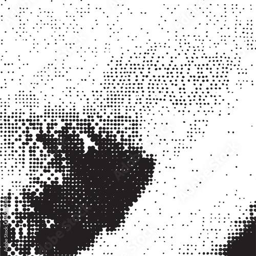 A grayscale portrait of a dog appears as scattered black dots against a white backdrop.