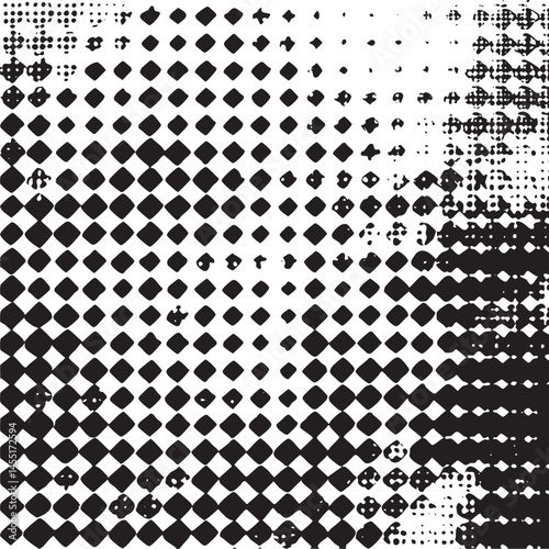 A dynamic fragmented of black and white squares creates an abstract visual effect.
