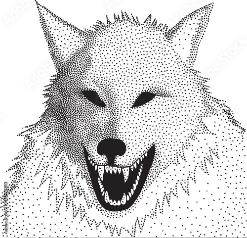 A stark black and white portrait of a ferocious wolf showcases its intense gaze and open mouth.