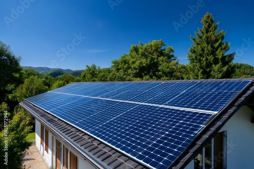 Wallpaper Mural Modern solar panels on a rooftop amidst lush greenery and clear blue sky Torontodigital.ca