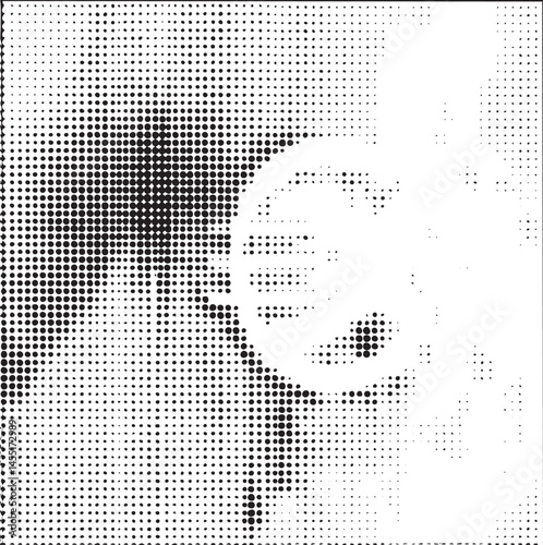 A grayscale portrait of a young woman’s face is depicted using a pointillist technique.
