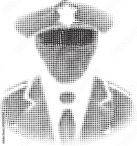 A grayscale silhouette depicts a uniformed figure wearing a peaked cap and a tie.