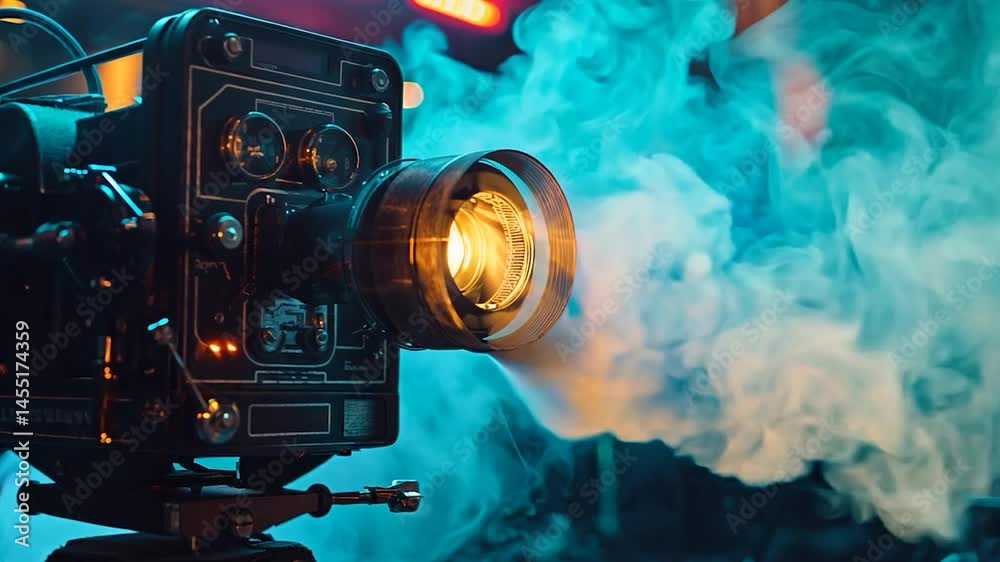 Vintage film camera emitting light in smoky environment classic movie production technology