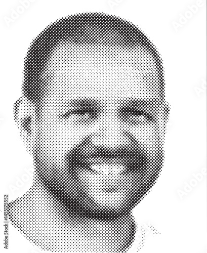 A smiling man’s portrait appears as a textured halftone print.
