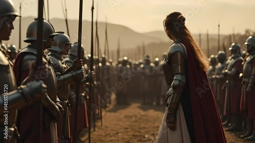 A female warrior stands confidently before a formation of soldiers on a medieval battlefield.