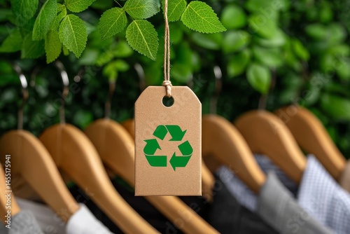 Sustainable fashion: recycling tag on clothes hangers with green leaves