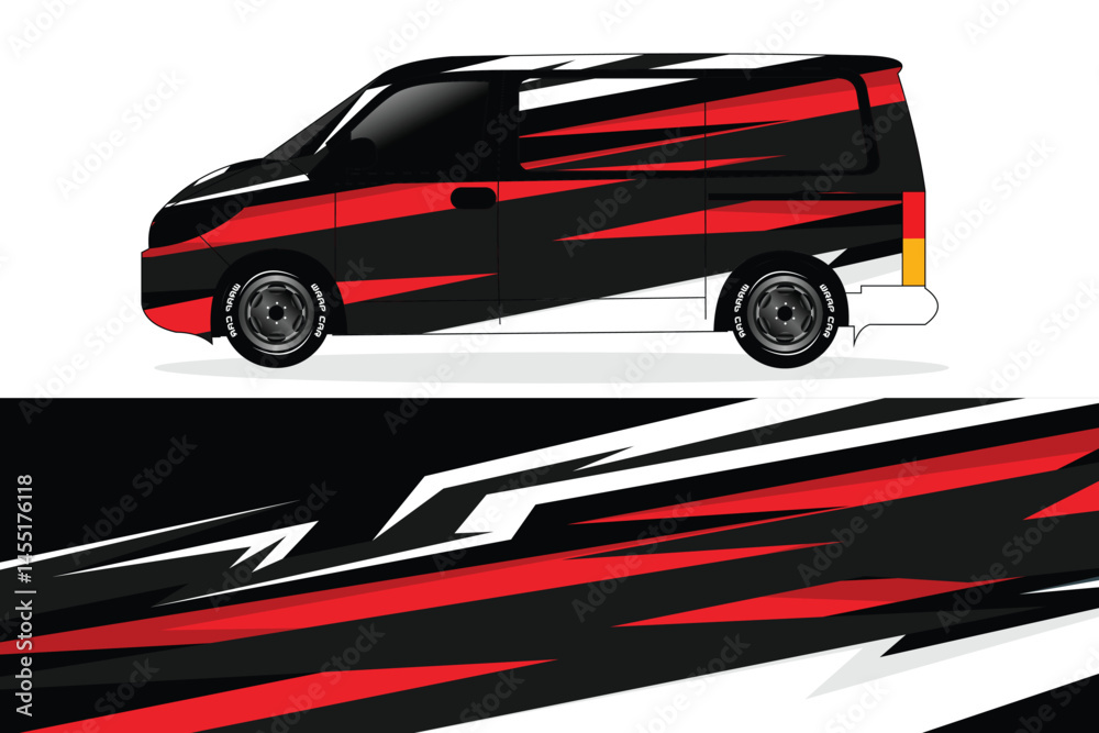 Stylish van wrap design with dynamic red and black stripes Stylish van wrap design with dynamic red and black stripes