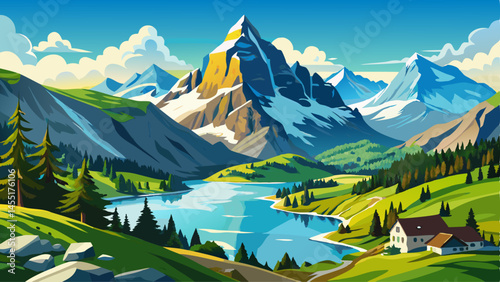 Scenic view on Bernese range above Bachalpsee lake. Popular tourist attraction. Location place Swiss alps, Grindelwald valley, Europe.