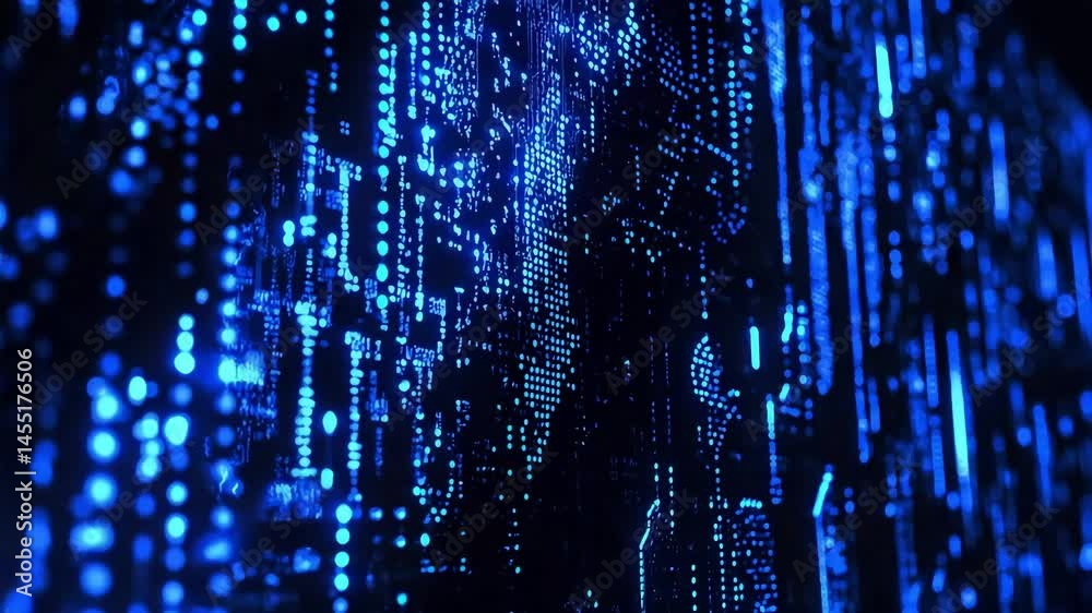 Glowing blue digital data stream on dark background, resembling matrix code or futuristic information flow