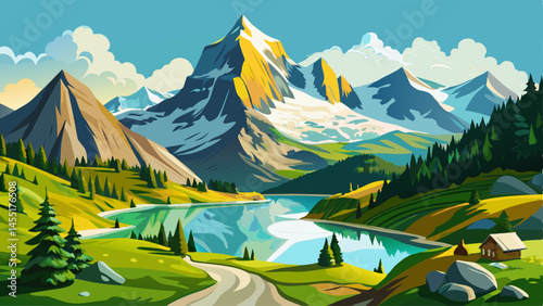 Scenic view on Bernese range above Bachalpsee lake. Popular tourist attraction. Location place Swiss alps, Grindelwald valley, Europe.