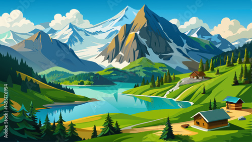Scenic view on Bernese range above Bachalpsee lake. Popular tourist attraction. Location place Swiss alps, Grindelwald valley, Europe.