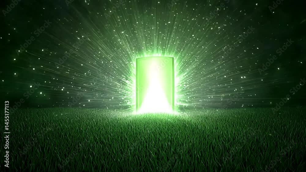 Glowing green portal emits radiant light beams over lush grass field