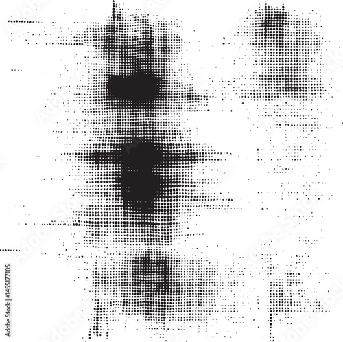 A grayscale portrait reveals a blurred face with scattered dots.