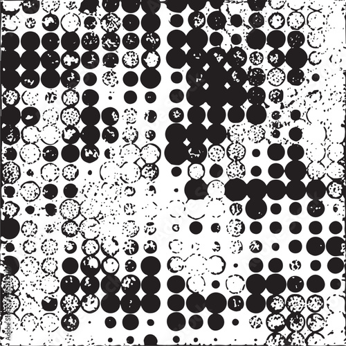 A dense arrangement of overlapping black and white circles creates a textured abstract .