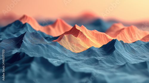 A realistic 4K side angle view of a 3D digital art background with blue and orange mountain ranges under a soft peach sky creates a serene and captivating scene.