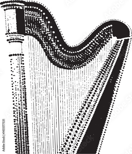 A detailed monochrome of a harp with intricate string .
